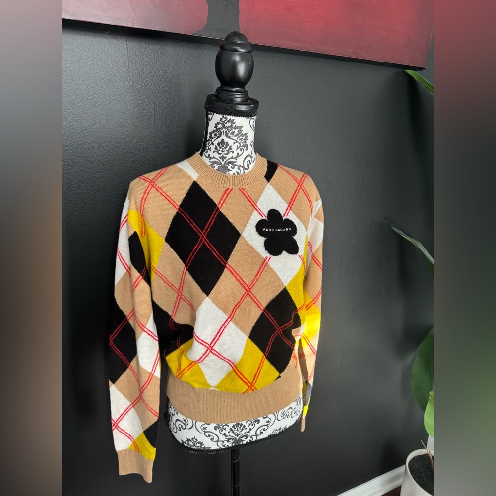 Marc Jacobs Preppy Daisy Argyle Sweater - Yellow, Black, Tan, White